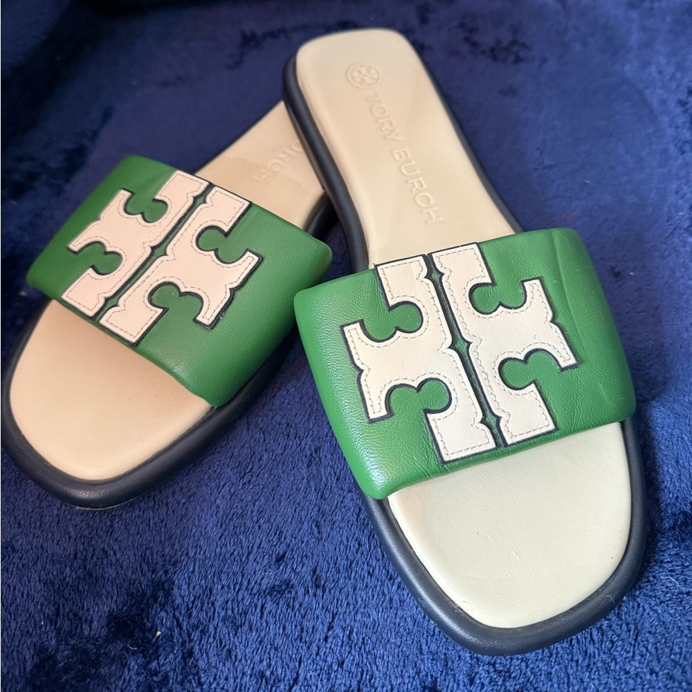 Tory Burch Green and Cream Logo Slide Sandals